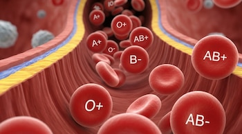 Renderización 3D detallada de glóbulos rojos con diferentes tipos de sangre (A+, O+, AB+, B-) y algunos glóbulos blancos dentro de un vaso sanguíneo rojo y amarillo.