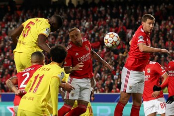 Soccer Football - Champions League - Quarter Final - First Leg - Benfica v Liverpool - Estadio da Luz, Lisbon, Portugal - April 5, 2022 Liverpool's Ibrahima Konate scores their first goal Action Images via Reuters/Matthew Childs