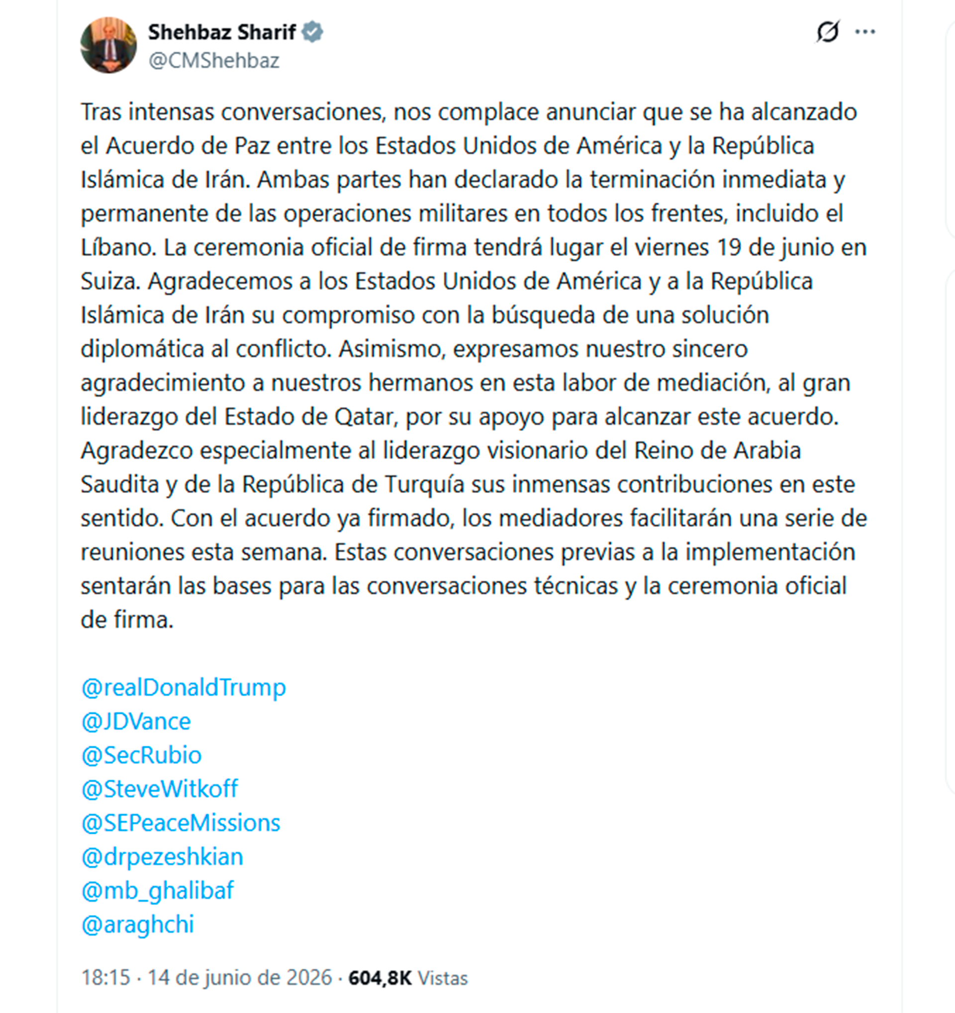 El primer ministro de Pakistán, Shehbaz Sharif, ya había adelantado que las negociaciones entre Washington y Teherán habían desembocado en un entendimiento