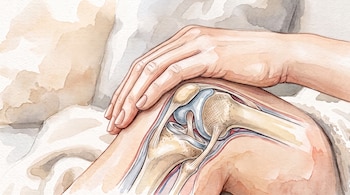 Mano humana sobre una rodilla con vista de su anatomía interna, incluyendo fémur, tibia, rótula, cartílagos y ligamentos.