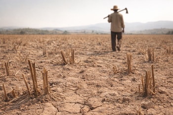 Campo marrón y agrietado con rastrojos de cultivos secos en primer plano; al fondo, un agricultor borroso con sombrero y azada al hombro camina lejos del espectador.