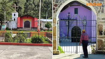 Imagen dividida: a la izquierda, una iglesia roja con campanario blanco; a la derecha, un hombre de espaldas frente a una iglesia morada con reja