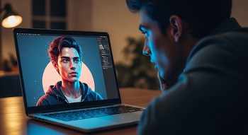 Un hombre de perfil mira una laptop sobre una mesa de madera. En la pantalla se ve un retrato digital estilo cómic de un hombre joven con fondo azul y un círculo rosa.