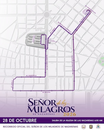 Mapa de calles con un trazado morado que señala una ruta procesional, junto con textos informativos, fechas y logotipos institucionales