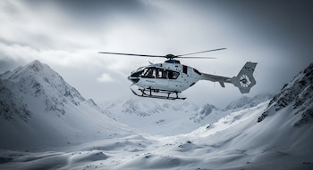 Un helicóptero de rescate blanco con patines sobrevuela un valle nevado entre montañas escarpadas bajo un cielo parcialmente nublado. No hay personas visibles.
