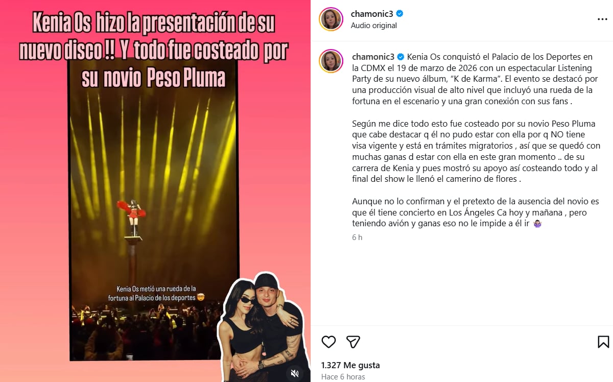 El exitoso listening party de Kenia Os en el Palacio de los Deportes tuvo una producción de alto nivel financiada, según reportes, por Peso Pluma.(Redes sociales)