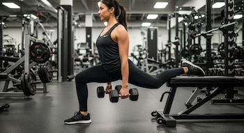 Vista lateral de una mujer realizando una sentadilla búlgara con mancuernas, con el pie izquierdo en el suelo y el derecho apoyado en un banco negro, en un gimnasio.