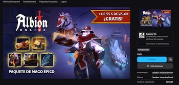 Banner promocional de Albion Online con un mago, un caballo, un lobo, iconos de objetos y el texto 'Paquete de Mago Épico' y '+ de 55 $ de valor ¡Gratis!'