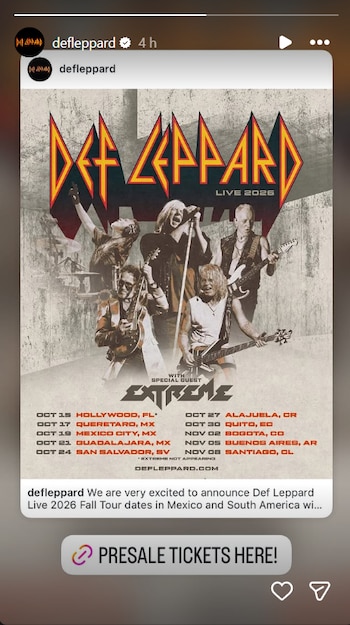 Póster de concierto de Def Leppard Live 2025 con la banda tocando y su logo. Muestra a Extreme como invitado especial y fechas de la gira por México y Sudamérica