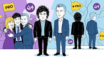 Caricatura política de Javier Milei y Mauricio Macri. A la izquierda, abrazados con Patricia Bullrich y banderas PRO. A la derecha, distanciados y de espaldas con fondos de LLA.