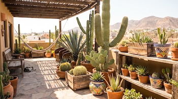 Terraza exterior con pérgola, plantas de cactáceas y suculentas en macetas, una hamaca, un banco de madera, un gato durmiendo y montañas al fondo.