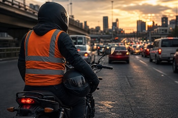 Motociclista con casco y chaleco reflectante naranja sobre una motocicleta entre vehículos detenidos en el tráfico al atardecer.