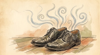 Ilustración de un par de zapatos formales negros sobre un suelo de madera, con líneas onduladas de olor elevándose sobre un fondo beige, estilo acuarela y tinta.