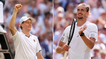 Una imagen partida muestra a Jannik Sinner celebrando con el puño en alto a la izquierda y a Alexander Zverev con una raqueta de tenis a la derecha.