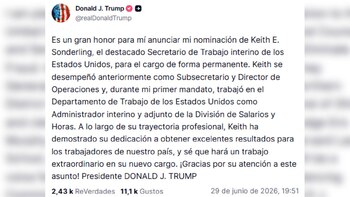 Publicación de Donald J. Trump en Truth Social con un texto que anuncia la nominación de Keith E. Sonderling. Incluye fecha y cantidad de interacciones