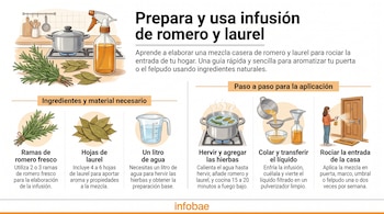 Ramas de romero, hojas de laurel, olla en estufa, taza medidora, colador, embudo, pulverizador, persona rociando puerta de entrada.