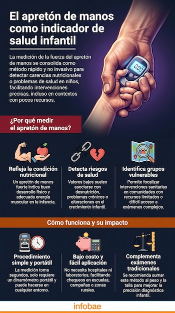 Ilustración de una mano adulta sosteniendo un dinamómetro digital mostrando '0.00', rodeada de texto informativo y varios iconos sobre salud infantil.