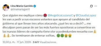 La exalcaldesa de Bogotá anunció su respaldo al senador para la jornada del 21 de junio y la movida encendió mensajes de figuras políticas - crédito @linamariagarri1/X