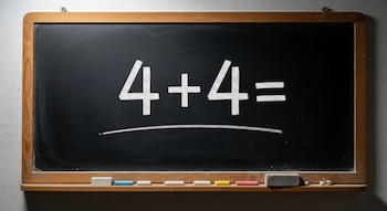 Pizarra negra con marco de madera mostrando la operación "4+4=" en tiza blanca y una línea. Tizas de colores y un borrador en el estante inferior.