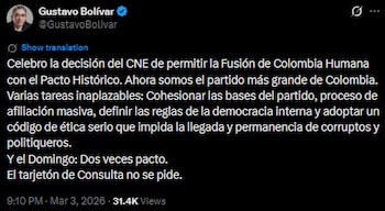 Gustavo Bolívar celebró fusión de