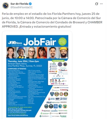 Cartel azul promocional de una feria de empleo con texto 'JobFair', fecha, dirección, rostros de seis personas y logotipos de empresas patrocinadoras