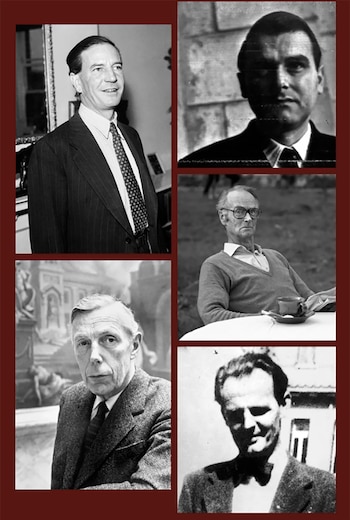 Collage de cinco retratos en blanco y negro de hombres. Incluye a un hombre sonriente en traje, dos hombres más jóvenes y dos hombres mayores con semblante serio