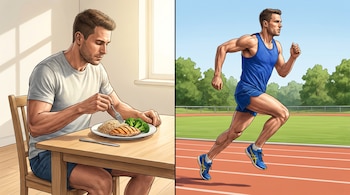 Un hombre come un plato de pollo, brócoli y arroz a la izquierda, y corre con vestimenta azul sobre una pista roja a la derecha.