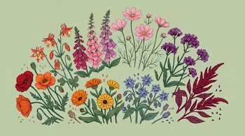 Ilustración de un semicírculo de diversas flores y plantas, incluyendo amapolas rojas, caléndulas naranjas, cosmos rosados y borrajas azules, sobre un fondo verde claro.