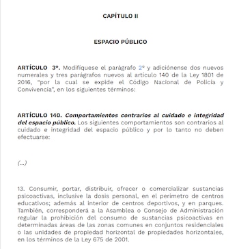La Ley 2000 de 2019 incluyó en el Código Nacional de Policía el porte y consumo de sustancias psicoactivas en ciertos espacios públicos como un comportamiento que afecta la convivencia en los establecimientos educativos relacionados con el consumo de sustancias - crédito Ley 2000 de 2019/Función Pública