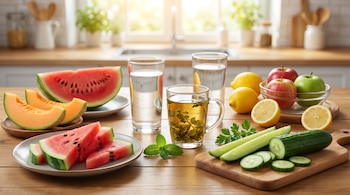 Vista aérea de una mesa de cocina de madera con sandía, melón, manzanas, limones, pepino en rodajas, agua y té de hierbas, en un ambiente luminoso.