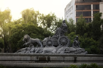Estatua de la Fuente de la Cibeles con una figura femenina en un carro tirado por dos leones, rodeada de árboles y un edificio al fondo con texto