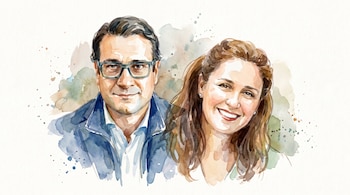 Ilustración en acuarela de un hombre con gafas y una mujer sonriente sobre un fondo blanco con manchas de pintura.