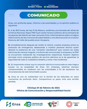 Comunicado de Ensa sobre muerte de dos menores