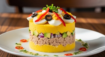 Causa de atún emplatada con capas de puré de papa amarillo, atún, aguacate y cebolla morada. Adornada con huevo, aceitunas, ají y perejil fresco.