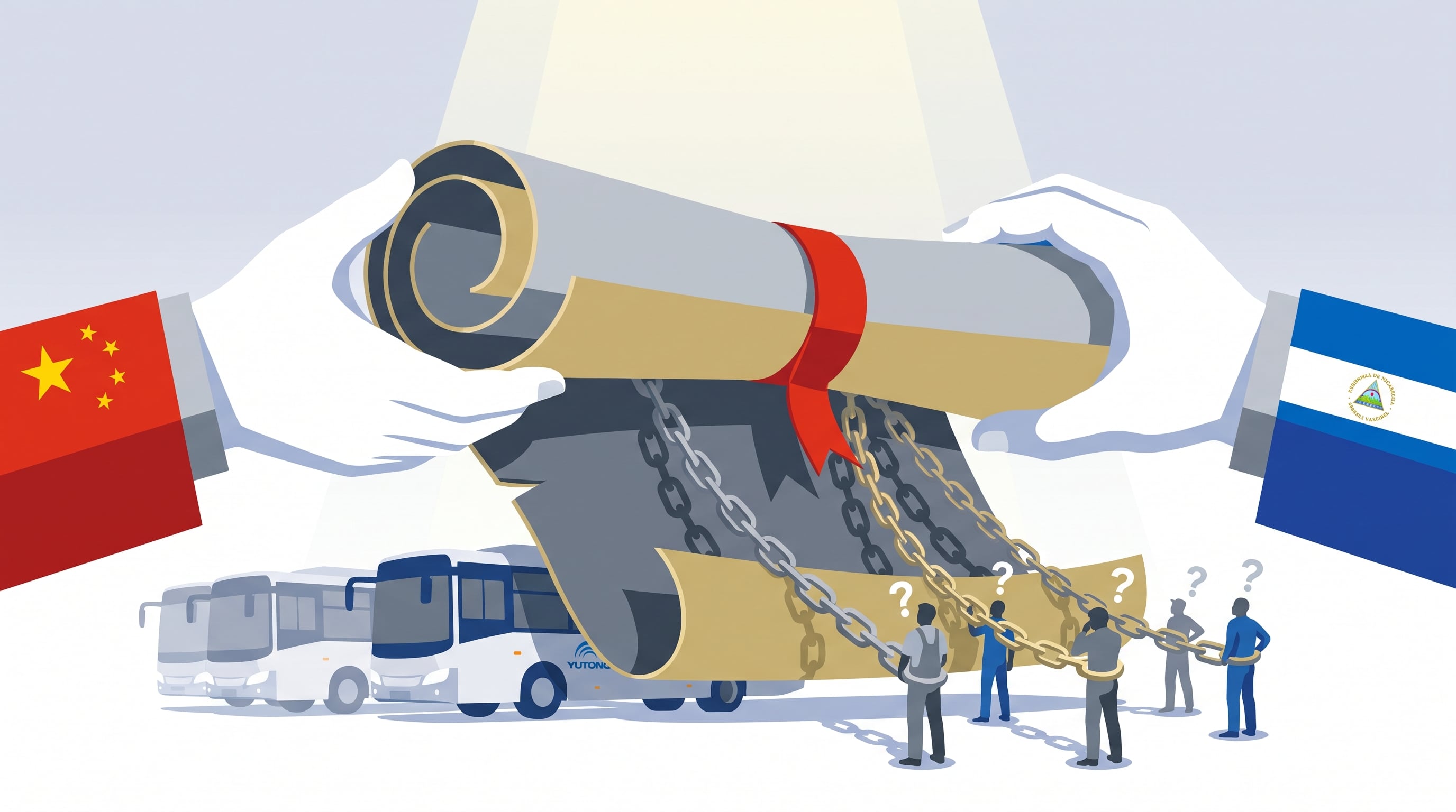 Un acuerdo comercial entre China y Nicaragua se visualiza como un contrato que ata a transportistas sobre autobuses Yutong. (Imagen Ilustrativa Infobae)