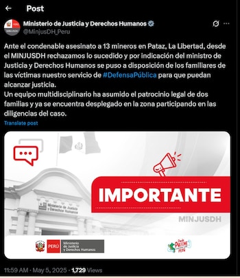 Masacre en Pataz - Minería ilegal - Poderosa - La Libertad - Ministerio de Justicia - Perú - 5 mayo