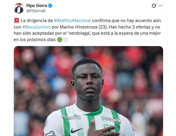 Sierra descartó que Marino Hinestroza ya sea jugador de Boca Juniors - crédito @PSierraR/X