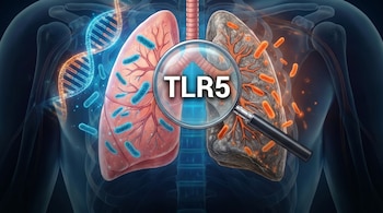 Ilustración de un torso humano mostrando ambos pulmones con bacterias y una hélice de ADN brillante. Una lupa central resalta la etiqueta 'TLR5' sobre los pulmones.
