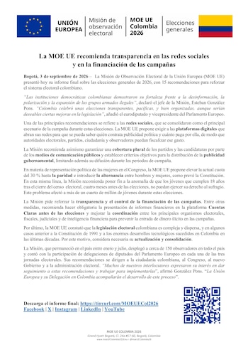 La Unión Europea afirmó que las instituciones democráticas de Colombia resistieron la desinformación, la polarización y la presencia de grupos armados ilegales durante las elecciones de 2026 - crédito @moeuecolombia26/X