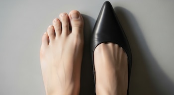 Primer plano desde arriba de un pie descalzo junto a otro que lleva un zapato negro de punta estrecha, mostrando su forma comparativa sobre un fondo gris liso.