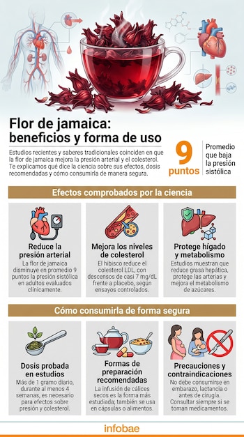 Ilustración de una taza de infusión de flor de Jamaica rodeada de cálices de hibisco secos, con diagramas de sistemas circulatorio y órganos como el corazón y el hígado.