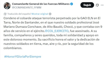 La extracción se realizó con apoyo de la División de Aviación Asalto Aéreo del Ejército Nacional y de la Fuerza Aeroespacial Colombiana, tras la acción en el Catatumbo, y los lesionados siguen bajo atención especializada - crédito @COMANDANTE_FFMM / X