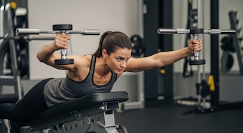 Una mujer acostada boca abajo en un banco de gimnasio, con un top deportivo y pantalones, sosteniendo una mancuerna en cada mano con los brazos extendidos.