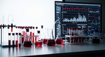 Mesa de laboratorio con numerosos tubos de ensayo, matraces, buretas, frascos con líquidos rojos y un monitor digital que muestra varios gráficos de datos.