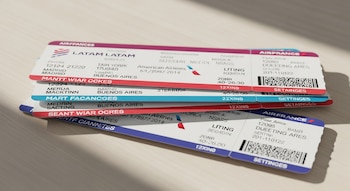 Primer plano de una pila de varios pasajes de avión con logos de Airfrance, LATAM y American Airlines, sobre una superficie clara.
