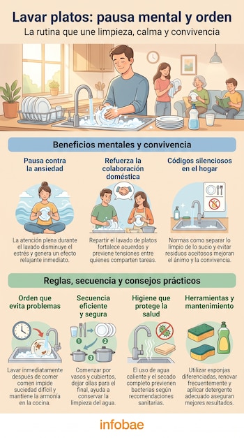 Infografía de Infobae mostrando personas lavando platos, una mujer meditando y símbolos de higiene, orden y convivencia en el hogar.