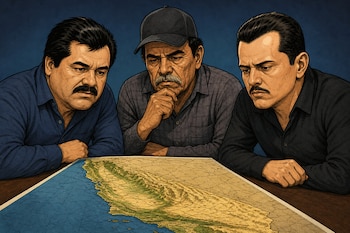 Tres hombres con bigote inclinados sobre una mesa de madera observan un mapa de California.