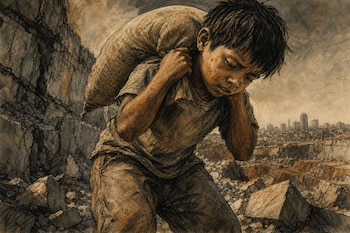 Dibujo de un niño encorvado cargando un saco a la espalda entre rocas en una cantera, con una ciudad al fondo.