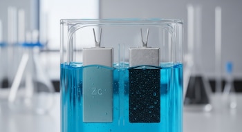 Primer plano de una batería de zinc basada en agua con electrolito azul y dos electrodos plateados, uno liso con 'Zn' y otro poroso oscuro, en un laboratorio.