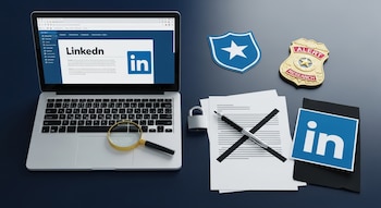 Vista cenital de un escritorio con laptop abierta mostrando LinkedIn, una lupa, un candado, documentos tachados y una insignia de agencia de inteligencia.